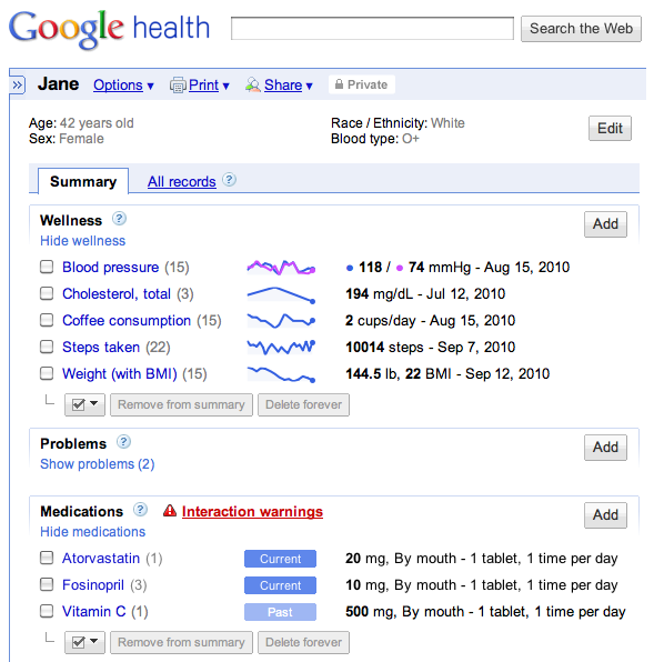 Google Health Interface Google Health interface showing health records and data integration options.